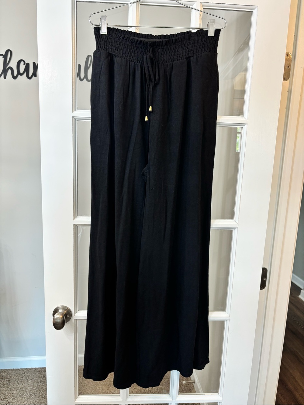 Smocked Waist Black Wide-Leg Pants with Drawstring